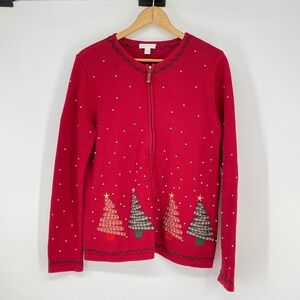 Vintage Charter Club Womens Red Zip Up Christmas Tree Cardigan Sweater L Holiday